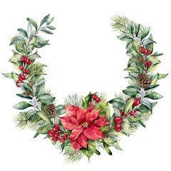 Watercolor Christmas floral wreath with poinsettia. Hand painted snowberry and fir branches, red berries with leaves, pine cone isolated on white background. Christmas illustration for design, print.