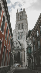 View of the tower of Saint Nicholas' Church in the old town of Ghent, Belgium