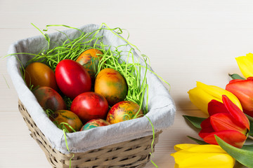 Easter wicker basket with colored eggs and yellow and red tulips on white wooden board.