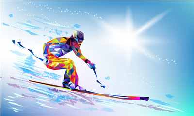 The polygonal colorful figure of a young man snowboarding with on a white and blue background. Vector illustration blue background in a geometric triangle of XXIII style Winter games