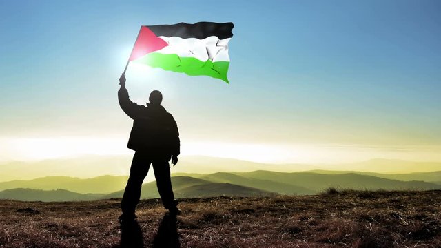 Successful silhouette man winner waving Palestine flag on top of the mountain peak, Cinemagraph LOOP background
