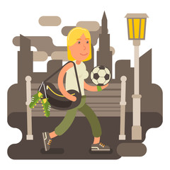 Determined and strong woman with sports bag and ball going to the football training