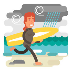 Strong and gritty woman running in beach with surfboard in rough weather