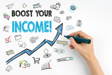 boost your income Concept. Hand with marker writing.