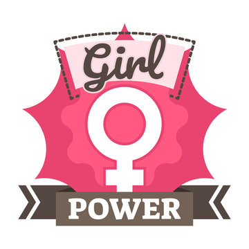 Girl power badge, logo or icon with female symbol on pink background
