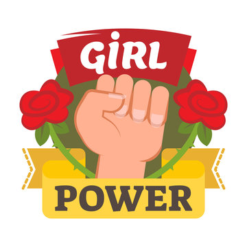 Girl power badge, logo or icon with hand and flowers
