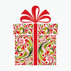 Gift box on white background. Christmas greeting card. It is made by a flower pattern. Isolated object. Print.
