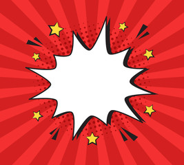 Retro comic expression empty speech bubble with colorful halftone shadow on red stripes background. Vector illustration, vintage design, pop art style.