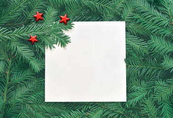 Creative background of pine branch with white paper card. New Year and Merry Christmas Concept.