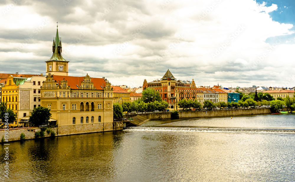 Wall mural Romantic Prague cityscape, Czech Republic. Panoramic view of the old city of the hundred towers on a summer day. - Wall murals