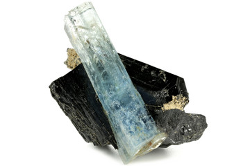 aquamarine crystal with schorl from Erongo/ Namibia isolated on white background