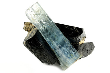 aquamarine crystal with schorl from Erongo/ Namibia isolated on white background