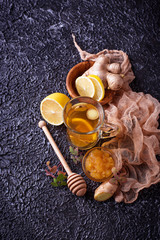 Hot tea with ginger, lemon, mint and honey