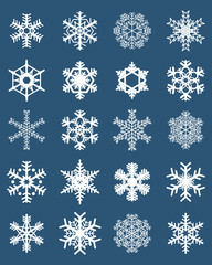 Set of different white snowflakes on a blue background