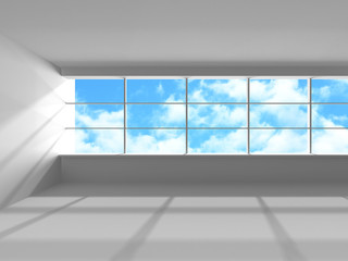 Empty white room interior with window to sky