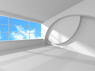 Empty white room interior with window to sky