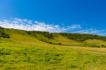 Green field, blue sky, bright clouds at Eastborn, UK