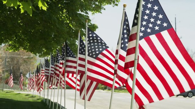 Wide shot of American flags lining street / Payson, Utah, United States