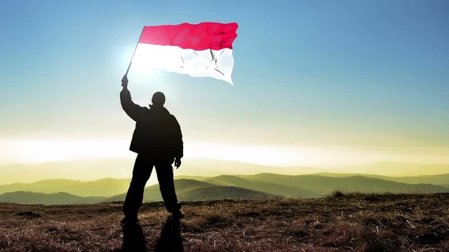 Successful silhouette man winner waving Monaco flag on top of the mountain peak, Cinemagraph LOOP background