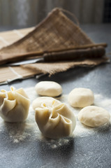 preparing of typical Mongolian meal: Buuz (Steamed Mongolian Dumplings) 