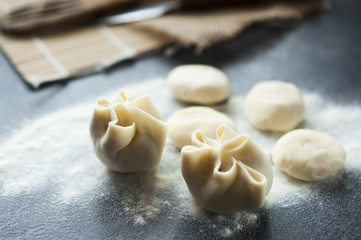 preparing of typical Mongolian meal: Buuz (Steamed Mongolian Dumplings) 