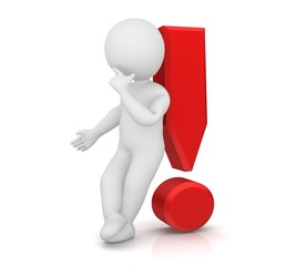 thinking man exclamation mark exclamation point red 3d with stick man figure advice sign think symbol icon isolated on white
