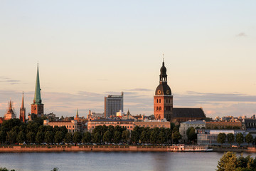 Naklejka premium Panoramic view of Old Riga, Latvia and it's church towers on a summer evening