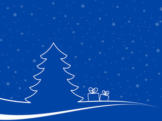 Abstract christmas tree in a minimal landscape with two gitf boxes and white snowflakes. christmas illustration with blu background and white shapes