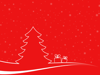 Abstract christmas tree in a minimal landscape with two gitf boxes and white snowflakes. christmas illustration with red background and white shapes