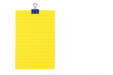 yellow note with blue paperclip in a white background