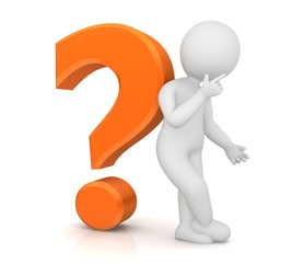 learning man person people with orange question mark 3d interrogation point asking sign symbol icon with thinking stick man figure isolated on white