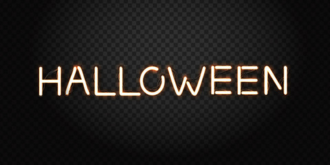 Vector realistic isolated neon sign of Halloween lettering for decoration and covering on the transparent background. Concept of Happy Halloween Party.