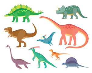 Set with various kinds of colored painted dinosaurs