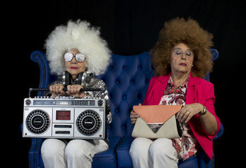funky grandma DJ twin retro ghettoblaster