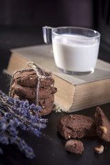 the dark chocolate biscuits with nuts on dark wooden background