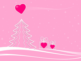 abstract christmas tree with two gift boxes in a fairytale landscape with white snowflakes and christmas comet made with pink heart. Minimal pink background for baby and teenager