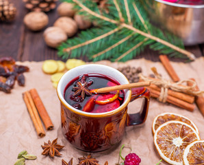 mulled wine in brown ceramic mug