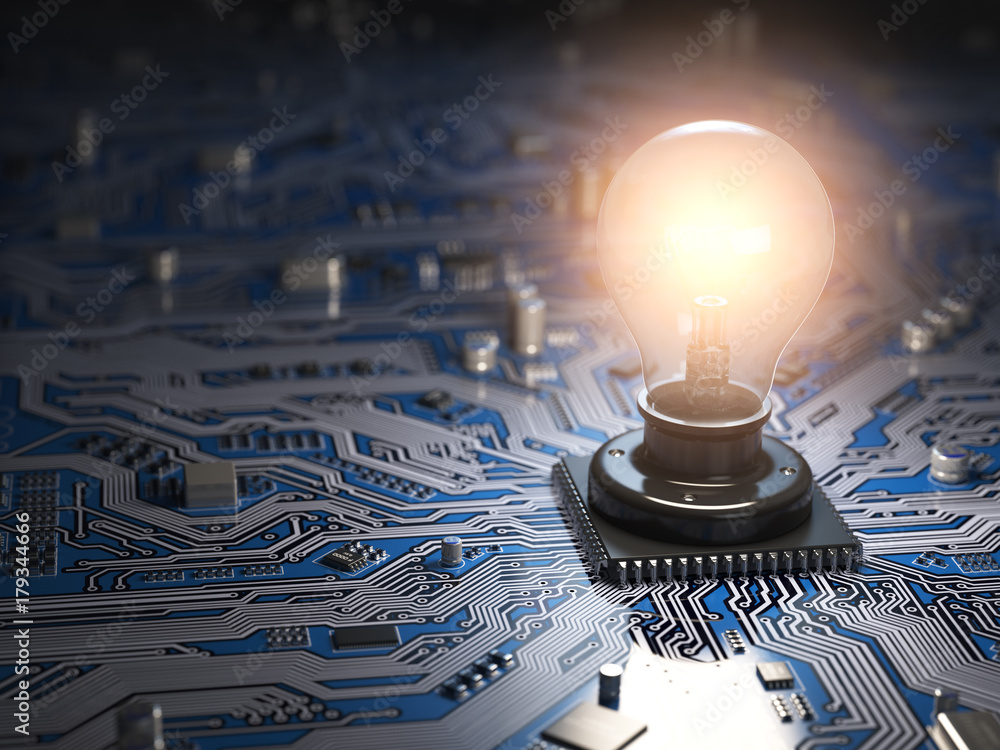 Poster glowing light bulb as cpu on motherboard circuit board. idea creativity business concept.