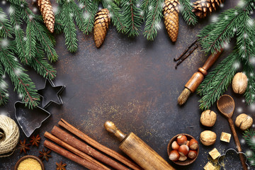 Rustic christmas baking background.Top view with space for text.