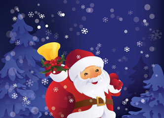 Winter night in Christmas forest. Santa Claus with gift bag and bell in hand.