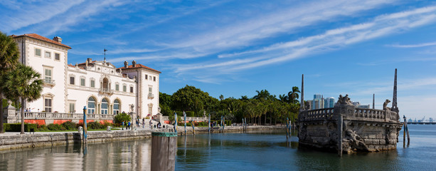 Fototapeta na wymiar Vizcaya Museum Gardens in Miami, Florida. Monument like Ship in Water.