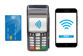 POS Terminal with smartphone and credit card. Contactless payment