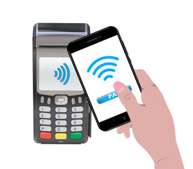 POS Terminal with hand holding a smartphone and online payment. Contactless payment