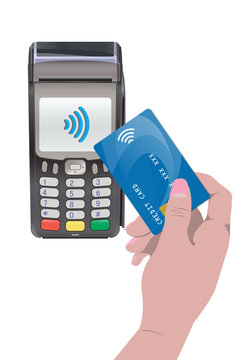 POS Terminal with hand and credit card. Contactless payment