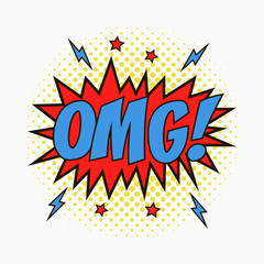 Comic speech bubble with emotions - OMG! Cartoon sketch of dialog effects in pop art style on dots halftone background. Vector illustration.