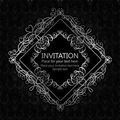 Abstract background with calligraphic luxury silver flourishes and vintage frame, victorian banner,wallpaper ornaments, invitation card, baroque style booklet, fashion pattern, template for design.