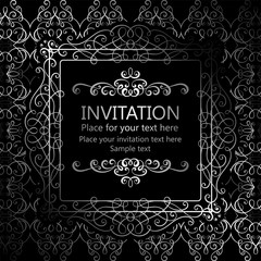 Abstract background with calligraphic luxury silver flourishes and vintage frame, victorian banner,wallpaper ornaments, invitation card, baroque style booklet, fashion pattern, template for design.