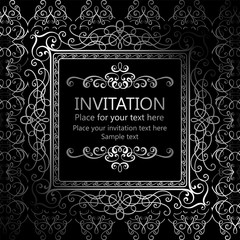 Abstract background with calligraphic luxury silver flourishes and vintage frame, victorian banner,wallpaper ornaments, invitation card, baroque style booklet, fashion pattern, template for design.