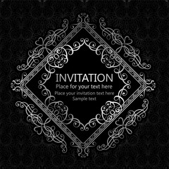 Abstract background with calligraphic luxury silver flourishes and vintage frame, victorian banner,wallpaper ornaments, invitation card, baroque style booklet, fashion pattern, template for design.