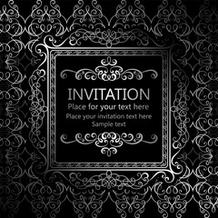 Abstract background with calligraphic luxury silver flourishes and vintage frame, victorian banner,wallpaper ornaments, invitation card, baroque style booklet, fashion pattern, template for design.